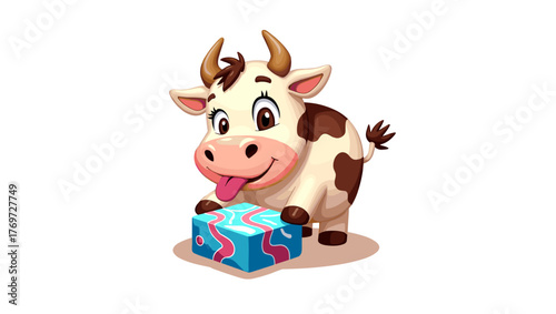 Happy cow licking colorful ice block on white background