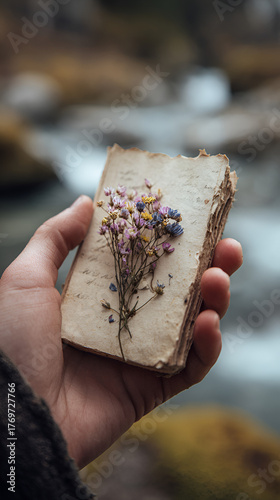 Hand Holding Pressed Wildflowers in Rustic Book, Nature Journal with Dried Flowers Against River Backdrop, Botanical Keepsake – Delicate Blooms Preserved in Vintage Pages

