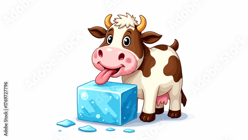 Cartoon brown cow licking melting ice block on white background