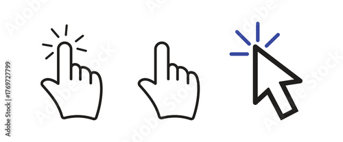 Set of hand and cursor icons clicking or pointing, representing interaction and user interface
