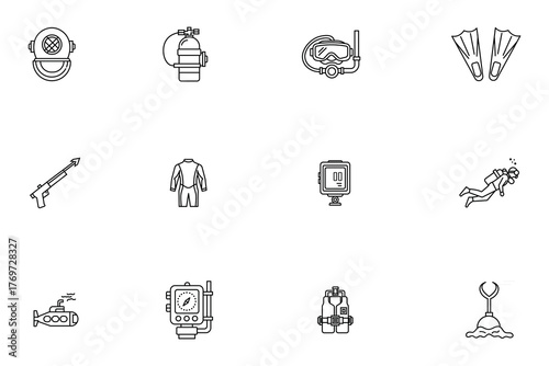 Scuba Diving and Underwater Exploration Line Icons Set