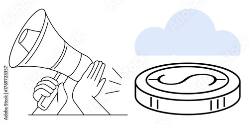Hands holding a megaphone projecting sound, coin with dollar sign, and cloud icon. Ideal for marketing, communication, finance, advertising, digital strategy, data monetization simple flat metaphor