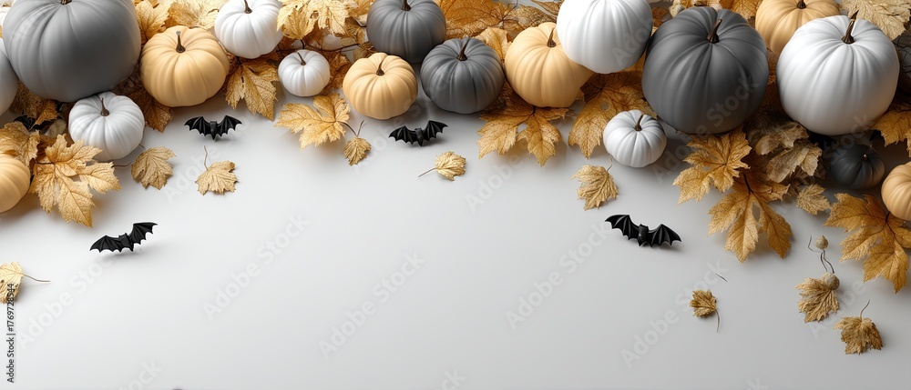 Fototapeta premium A creative display features orange and white pumpkins alongside bats and dried foliage, celebrating the essence of autumn festivities
