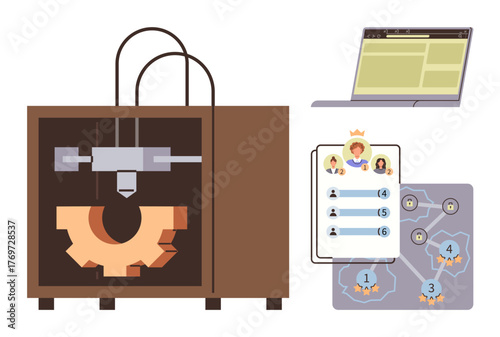 3D printer creating a cogwheel, open laptop, leaderboard with rankings, gamified tasks map. Ideal for technology, innovation, manufacturing, teamwork education gamification modern workflow. Simple