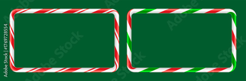 Set of rectangular Christmas frames with a realistic, glossy candy cane stripe pattern