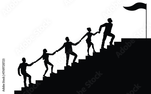Business Team Reaching Goals — People Climbing Stairs to Flag Silhouette