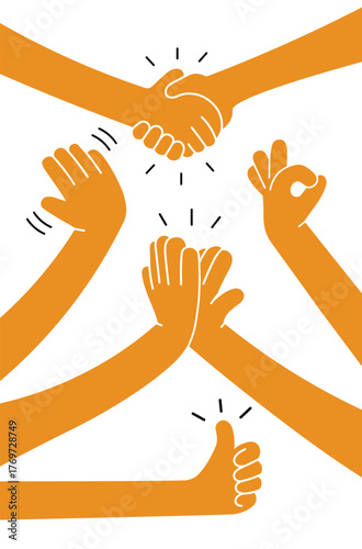 Cartoonish hands — handshake, hello, OK signs, high five