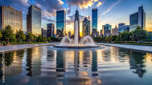 Stunning Cityscape with Fountain and Skyscrapers at Sunset