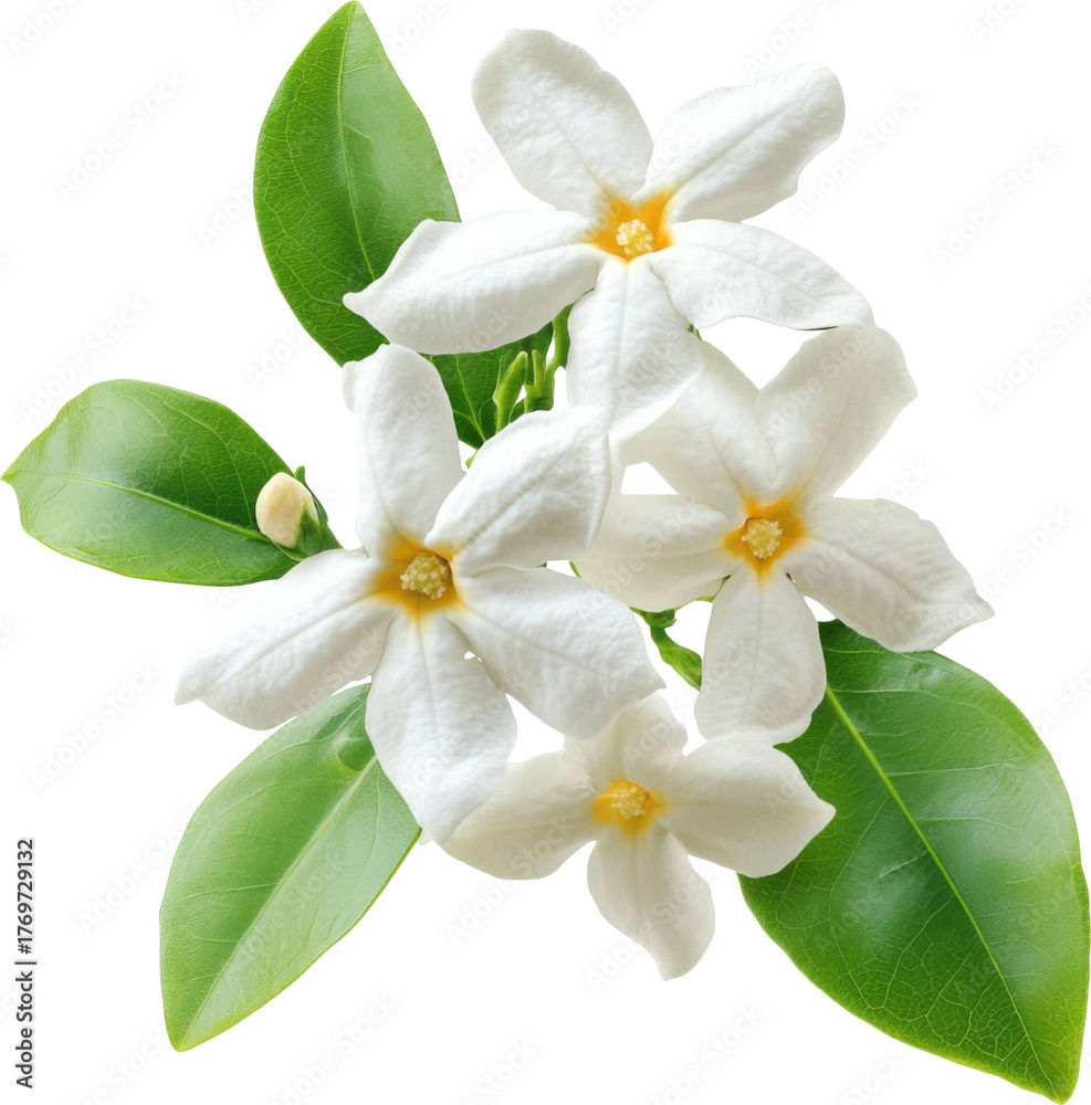 Fototapeta premium Jasmine flower cluster with green leaves