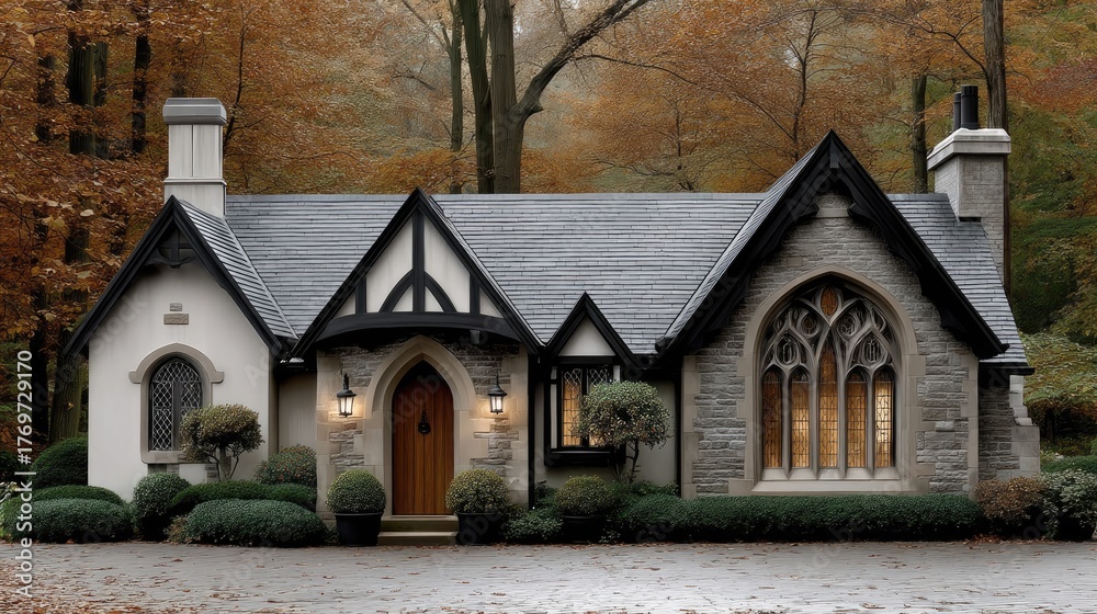 Fototapeta premium A grand stone structure stands in a tranquil setting, encircled by colorful autumn trees and a calm atmosphere on a cloudy day