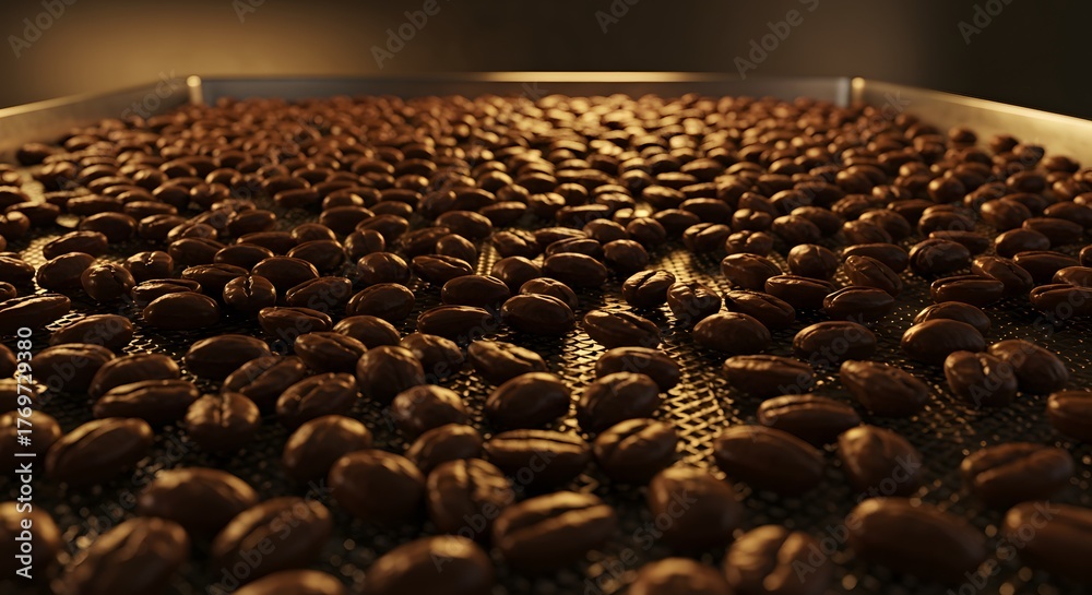 Fototapeta premium Close-up of freshly roasted coffee beans cooling on a perforated metal tray, ready for processing and brewing.
