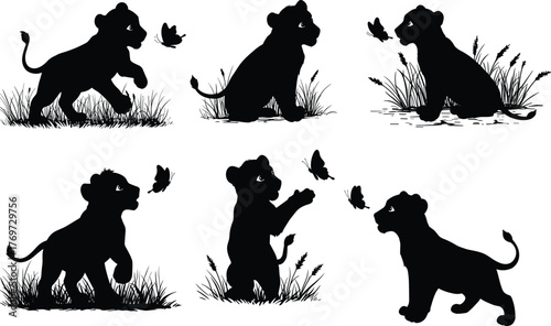 Lion cubs playing with butterflies, cute baby lions in grass, wild animal silhouette vector, wildlife design, jungle nature concept, safari art