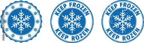 Keep Frozen Warning Label Set: Three Blue Snowflake Logos for Food Packaging, Shipping, and Cold Storage Logistics