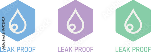Leak Proof Product Label Set with Water Droplet Icons in Blue, Purple, and Green Hexagons for Packaging and Quality Assurance