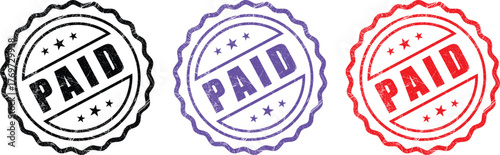Set of Round Paid Stamp Seals in Different Colors Isolated on White Background, Grunge Circle Badges for Invoices and Financial Transactions, Business Vector Illustration on transparent Background 