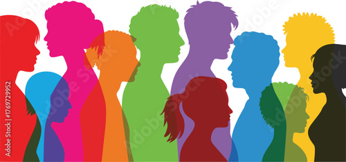 Diverse Crowd of People Silhouettes in Vibrant Overlapping Colors Representing Global Unity, Inclusion, and Communication