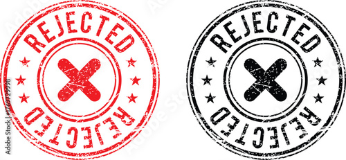 Red and Black Rejected Round Stamp Seals with Cross Mark and Stars, Vector Grunge Circle Badges for Document Decline, Isolated Illustration on transparent Background 
