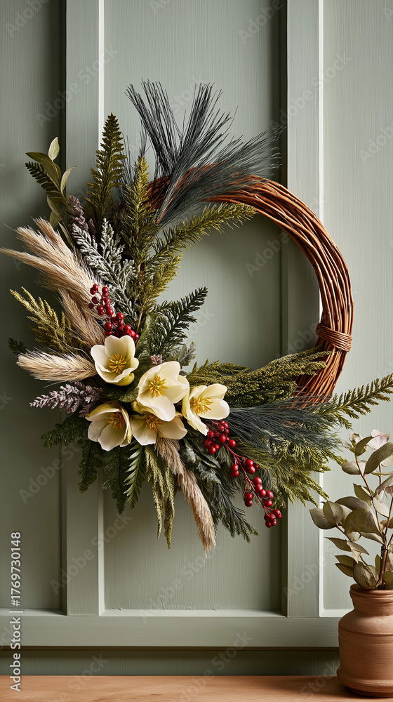 Fototapeta premium Festive Christmas wreath with hellebore flowers and red berries on a sage green door. Vertical rustic winter home decoration with evergreen and pampas grass