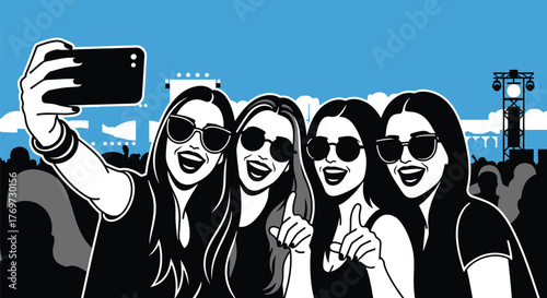 Joyful friends capture a memorable moment with a selfie at an outdoor concert