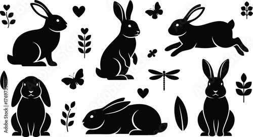 Charming black rabbit silhouettes in various playful poses with whimsical floral and butterfly accents