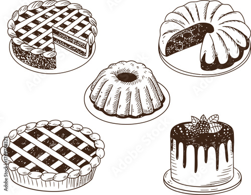Collection of hand drawn desserts including pies and cakes