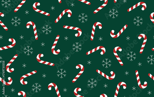Candy canes and snowflakes seamless pattern. Vector Christmas green background with snow and candies.