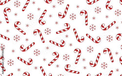 Candy Cane Stars red and white seamless Christmas pattern. Background with snowflakes and Christmas candies.