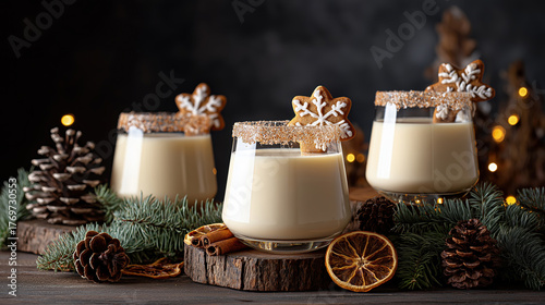 Festive Christmas eggnog with gingerbread cookie garnish. Traditional holiday winter drink on a rustic wooden table with seasonal decorations