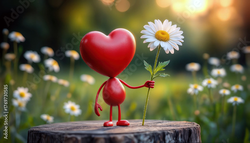 Heart character holding a daisy in a bright, cheerful garden setting during daytime