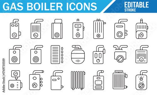 Central Heating and Water Heater Icon Collection in Line Art Style