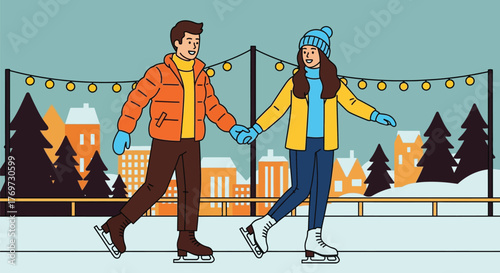 Joyful couple holding hands while ice skating outdoors on a winter evening