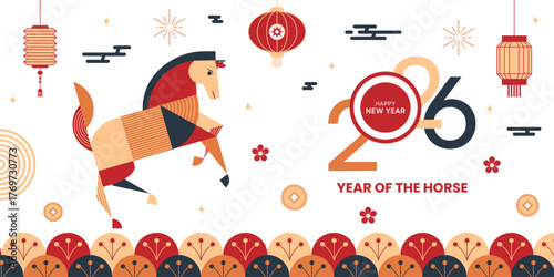 Geometric Chinese New Year 2026 banner with stylized horse, lanterns and lucky motifs, red gold and navy palette. Modern geometric neo geo style. Perfect for posters, cards, prints and social media.