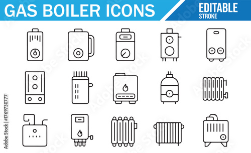 Editable Stroke Gas Boiler and Heating Icons Vector Set