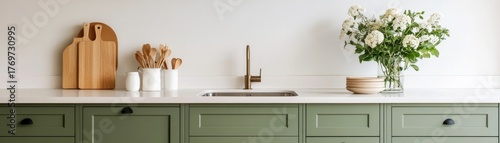 Sage Green Kitchen Wood Cutting Boards, White Flowers, Modern Design , Kitchen Design , Home Decor