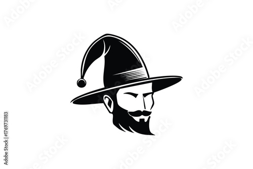Mystical wizard head with pointed hat and long beard black and white illustration