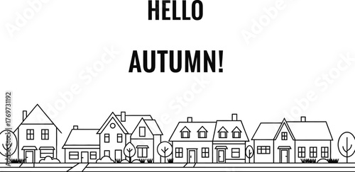Welcome autumn to a charming row of houses in a simple outline illustration.