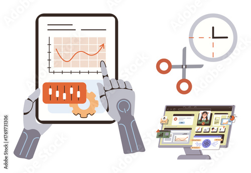 Robotic hands interact with graphs and data, cut time with scissors, and automate workflow on a computer screen. Ideal for automation, AI, productivity, data analysis, innovation, future workforce