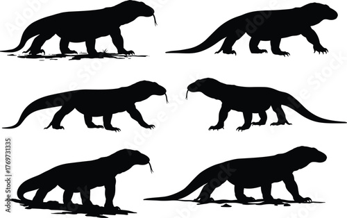 Komodo dragon silhouettes collection, wild reptile walking poses, giant lizard vector illustration, wildlife animal art, exotic predator design on white background