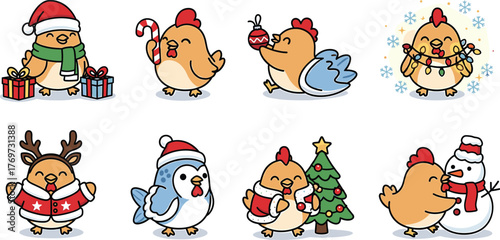 Cheerful cartoon chickens and a penguin celebrating Christmas with festive activities Keywords: chicken, hen, rooster, christmas, holiday, festive, cute, cartoon, character, santa hat, scarf, gift