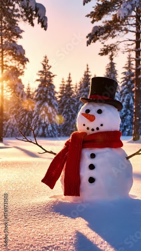 Snowman with red scarf standing in snowy forest during sunset, capturing calm winter atmosphere and warm festive feeling of the holiday season.