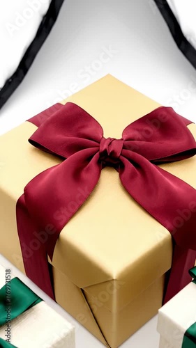 Minimal elegant scene with golden and white gift boxes tied with colorful ribbons under soft light, ideal for festive advertising, product design, and packaging visuals.