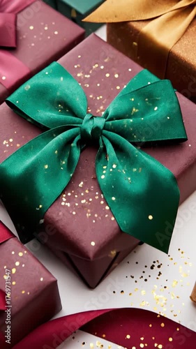 Stylish minimal scene with colorful gift boxes and red ribbons on white background, ideal for branding, holiday marketing, and elegant product design.