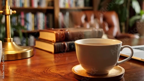 Cozy Study Session: Steaming Tea, Books, and Relaxing Ambiance