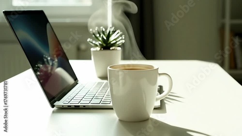 Bright Morning Work Flow: Laptop, Steaming Mug, and Productivity Vibe