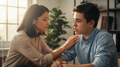 Caring mother comforts her teenage son who is crying and feeling sad at home