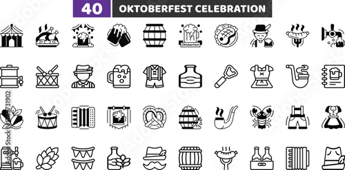 Oktoberfest Celebration Icons Set, Beer Food and Bavarian Festival Outline Vector Collection