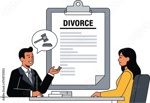 Lawyer explaining divorce papers to a client, seeking legal counsel for separation.