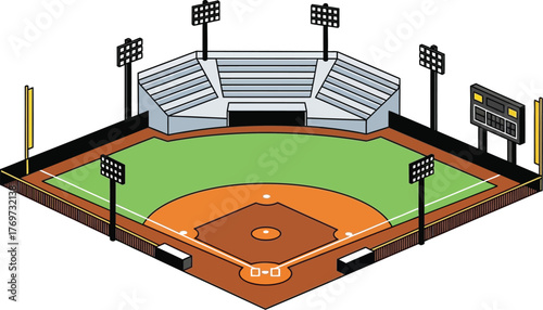 Vibrant isometric view of a baseball stadium, ready for game day.