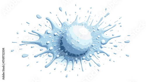 Icy snowball splatter on wall with detailed water drops and cold reflections on clean white surface, concept of energy and purity