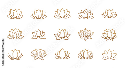 Collection of Golden Lotus Flower Icons on a Black Background, Symbolizing Purity, Enlightenment, and Serenity, Ideal for Yoga, Meditation, and Spa Branding, Featuring Various Stylized Designs with